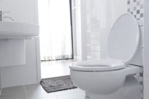 White toilet with water closet look outside