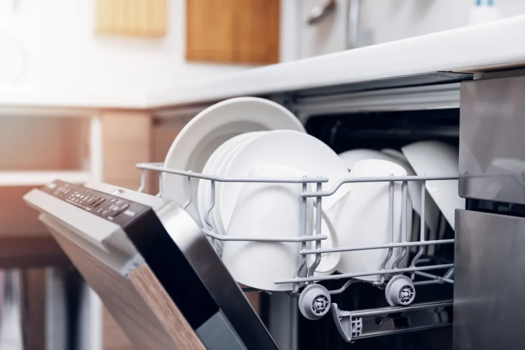 A dishwasher fully loaded with plates, ready for cleaning—ideal for AAA Service Network customers who value well-maintained appliances.