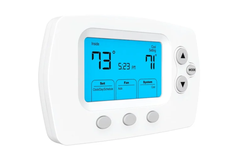 %Imagetitle% | Aaa Service Network A digital thermostat displaying an indoor temperature of 73°F, a cool setting of 71°F, and the time 5:23 PM, with various buttons and controls visible.
