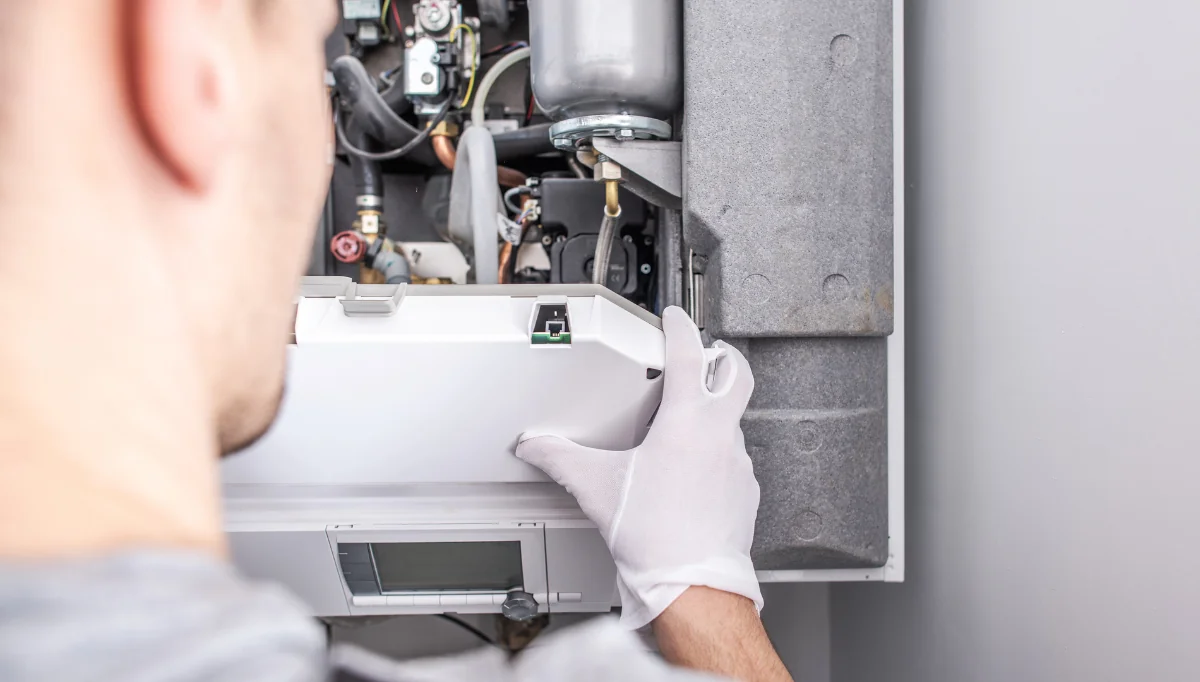 Technician inspecting a home heating system.