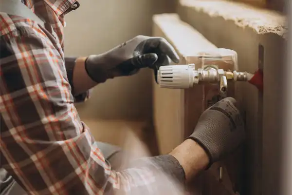 An AAA Service Network technician, wearing gloves, adjusts a radiator valve while performing indoor maintenance for a customer.