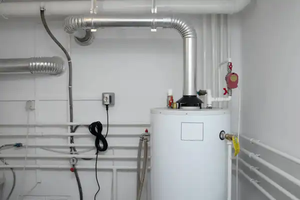 An AAA Service Network water heater is installed in a tidy utility room, with pipes, vents, and a pressure gauge on the wall.