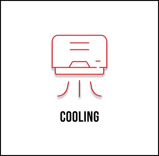 Red outline of an air conditioning unit blowing air downward, with the word "COOLING" in bold black letters below.