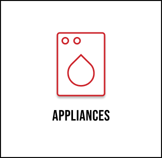 Red outline icon of a washing machine with a water droplet symbol above the word "APPLIANCES" in bold black text on a white background.