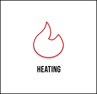 Red outline of a flame icon above the word "HEATING" in bold, black capital letters on a white background.