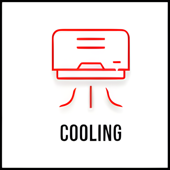 Red outline of an air conditioner with three downward lines representing airflow, above the word "COOLING" in bold black text.