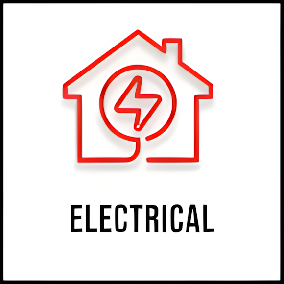 Red outline of a house with a lightning bolt symbol inside, above the word 'ELECTRICAL' in bold black letters on a white background.