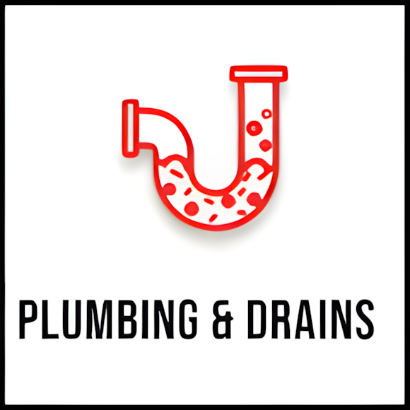 A red pipe with water droplets forming a "U" shape above the words "Plumbing & Drains" on a white background.