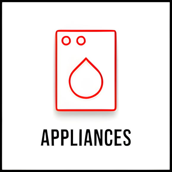 A red outline of a washing machine above the word "APPLIANCES" in bold black letters on a white background.