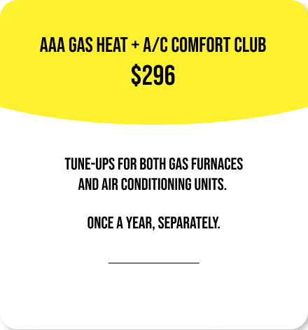 Yellow and white graphic with text: "AAA Gas Heat + A/C Comfort Club $296. Tune-ups for both gas furnaces and air conditioning units. Once a year, separately.