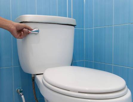 An AAA Service Network team member demonstrates proper toilet use by pressing the flush lever on a white toilet with blue tiled walls.