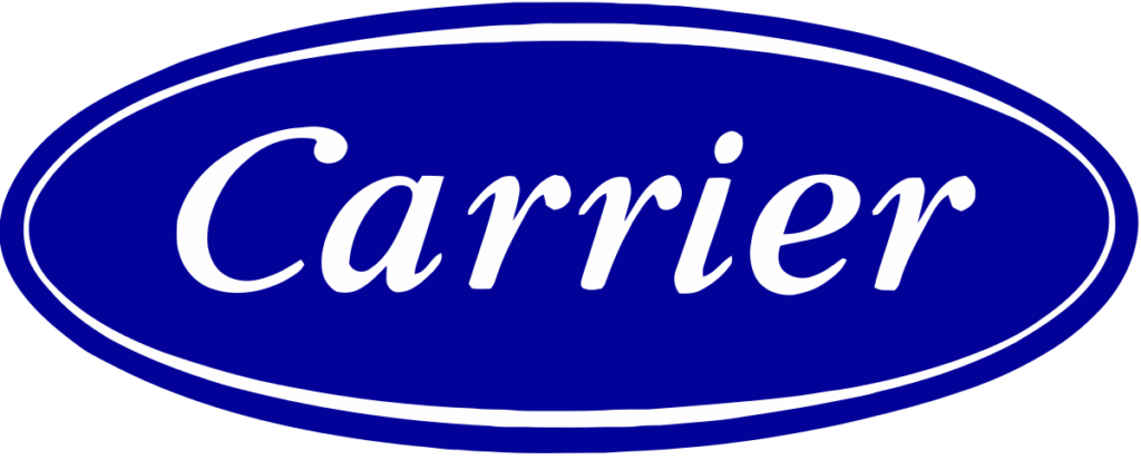 The Carrier logo appears in sleek white italic text inside a blue oval with a white border, representing trusted service.