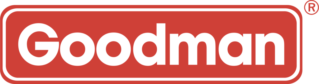 The Goodman logo features bold white text on a red rectangle with a black outline and a registered trademark symbol in the corner.
