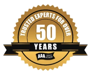 A gold badge with a black ribbon highlights "Trusted Experts for Over 50 Years," featuring the AAA Service Network name below.