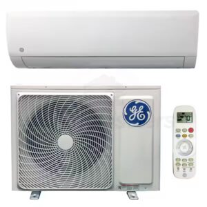 AAA Service Network’s GE split air conditioner system with indoor wall unit, outdoor compressor, and handy remote control.