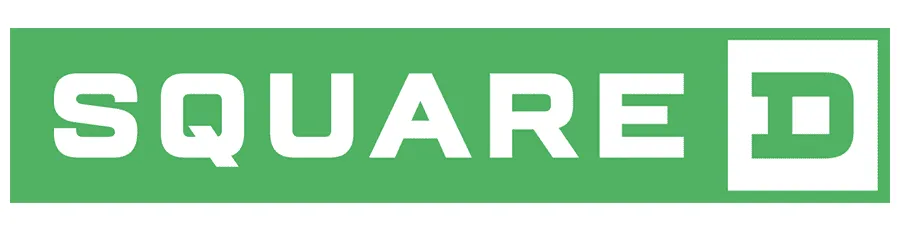 The Square D logo features “SQUARE” in bold white letters on a green backdrop, followed by a white “D” within a green square outline.