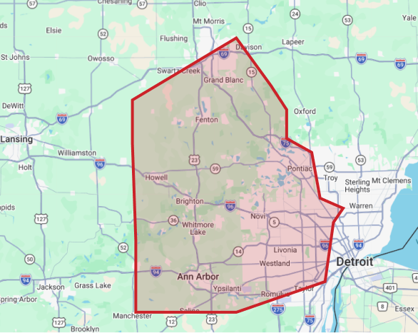 Map of southeastern Michigan with a red border, highlighting AAA Service Network's service area: Ann Arbor, Novi, Livonia, Fenton, and Detroit.