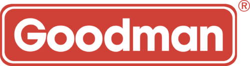 The Goodman logo, featuring bold white letters spelling “Goodman” inside a red rounded rectangle, with a registered trademark symbol in the top right corner. This trusted brand’s logo represents some of the quality heating and cooling products expertly serviced by the AAA Service Network team.